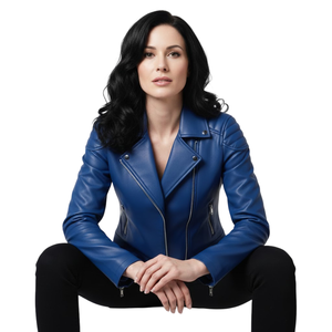 Relaxed Fit Blue Leather Biker Jacket Women Custom Bulk Wholesale Factory Price Genuine <b>Motorbike</b> Style Ladies Coat OEM Jacket - Product Image 1