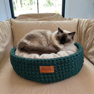 Lit pour animaux de compagnie XL vert forêt fait main pour chats, style classique moderne, matériau en coton peluche et daim amovible, emballé dans un carton solide - Product Image 2