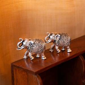 Set of 2 Traditional Art Hand-Carved Premium Brass <b>Elephants</b> with Silver Plating for Wall Decor - Product Image 3