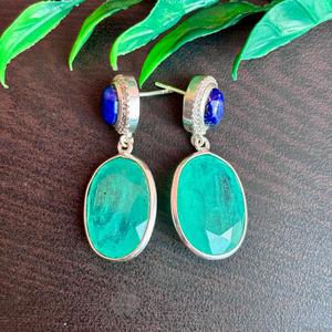 Boucles d'oreilles ovales artisanales Pariba Tourmaline et Lapis Lazuli bleu avec placage en argent bijoux élégants en pierres précieuses pour femmes - Product Image 2