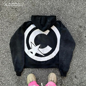 Zip up Hoodie Hombres Custom Distressed Applique Patch Bordado Vintage Acid Washed Men Hoodies - Product Image 3