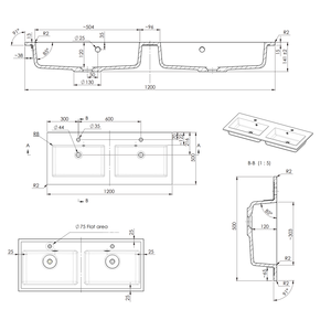 อ่างล้างหน้าคู่แบบโมเดิร์น 120 ซม. ผิวด้าน ทำจากหินอ่อนรีคอมโพสิต - Product Image 2