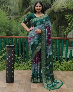 Elegante y bonita ropa india y paquistaní pura Bandhej seda Saree boda Saree para mujeres usan sari de algodón indio - Product Image 6