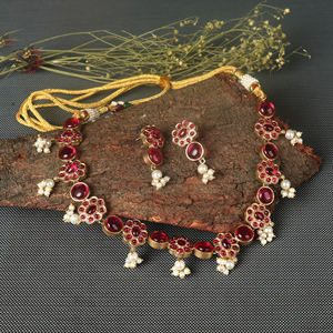 Oxidized Antique Silver <b>Women</b> Jewelry <b>sets</b> With Red Stone Golden Dori <b>Gift</b> for her - Product Image 2