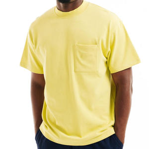 mens light <b>yellow</b> chest pocket plain solid blank casual relaxed fit short sleeve <b>tshirt</b> high crewneck tee top - Product Image 1