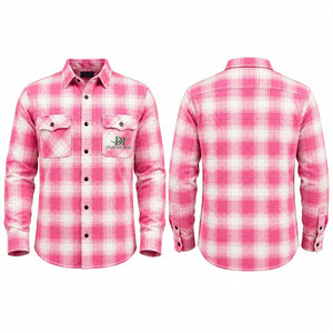 เสื้อเชิ้ตทำงานแขนยาวลายสก็อตสีชมพูสำหรับผู้ชาย ผ้าฝ้าย สวมใส่สบาย พิมพ์ลายโลโก้ด้านหน้า - Product Image 1