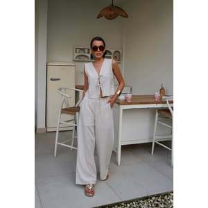 Beige <b>Linen</b> Set with Front Bow - Beige - Product Image 2