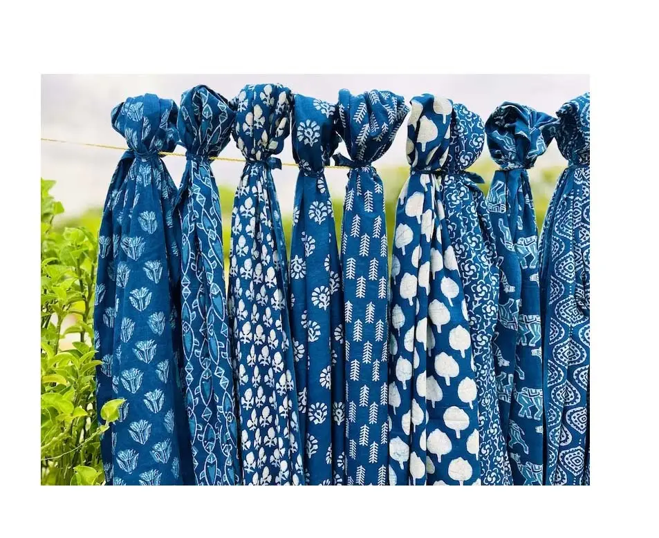 Bleu Coton Indigo Sarong Naturel Teint À La Main Inde Tissu Vêtements De Plage Femme Écharpe D'été Sarong Doux Voile Tissu Toutes Saisons Paréo