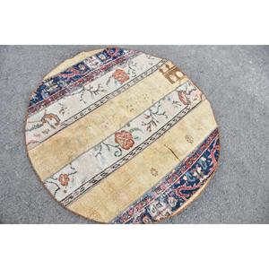 Alfombra Turca Redonda de 4.3x4.3 pies, Alfombra de Lana con Rayas Azules y Rojas - Product Image 4