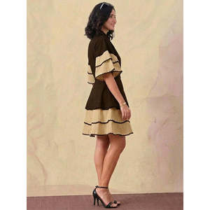 Ensemble coordonné 2 pièces en coton pour femme Deebaco, manches bouffantes, col en V, robe chemise courte en dentelle au-dessus du genou, jupe élégante, été - Product Image 4