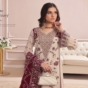 Eid Vente Femmes Indien Pakistanais Broderie Travail Trois Pièces Saari Lourd Brodé Salwar Kameez Robe Pakistanaise Style Indien - Product Image 4