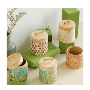 Mother of Pearl Bamboo Jar <b>rustic</b> bamboo shell inlay container for dry snacks storage and kitchen display Vietnam - Product Image 2