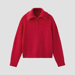 Suéter Feminino Personalizado Vermelho Canelado com Meio Zíper e Gola Polo, Caimento Relaxado, Pulôver Casual de Inverno Macio, Marca Própria OEM, Malhas - Product Image 1
