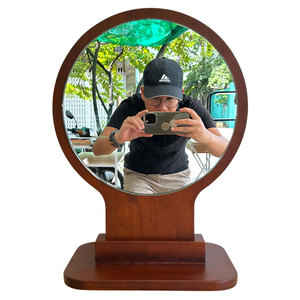 GNG006 Standing Makeup Mirror with Wood <b>Frame</b> Round Tabletop in Ambr - Product Image 1