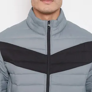 Veste matelassée pour homme, gris et noir, à blocs de couleur, col montant, fermeture éclair, coupe-vent, décontractée, pour l'hiver, rembourrage en polyester, coussinets chauds - Product Image 2