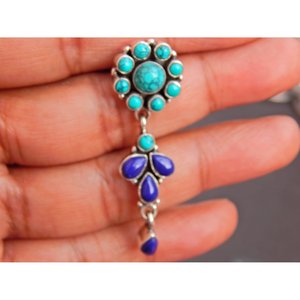 Boucles d'oreilles en argent sterling 925 avec pierres précieuses Lapis Lazuli et Turquoise Cabochon Bijoux de mode - Product Image 1