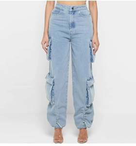 Pantalons en jean cargo à taille haute pour femmes en gros, pantalons en jean cargo à jambes larges, vêtements de rue, mode, pantalons en jean cargo pour femmes - Product Image 1