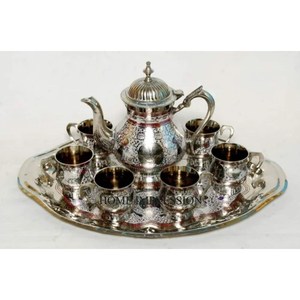 Gorgeous Designer Customized Logo and Size Available Unique Attractive Look Silver Finishing Shiny Polished Brass Tea Pot Set - Product Image 1