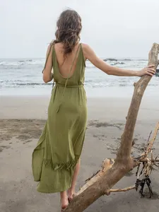 Vestido Maxi Bohemio de Playa para Vacaciones, Sin Espalda, Cuello Redondo, Algodón Liso Teñido, Cintura Natural para Mujer - Product Image 3