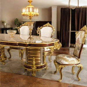 Ensemble de table à manger en acajou européen de luxe 5 pièces Sculpture dorée artisanale Design moderne du milieu du siècle 6 places Meubles de maison - Product Image 2