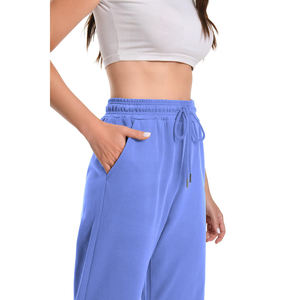 Pantalons de survêtement évasés taille haute de qualité supérieure pour femmes, en coton de haute qualité, pantalons à jambes larges pour l'hiver, style à devant plat - Product Image 4