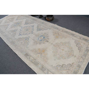Alfombra turca Vintage de 4 pies, 8x12 pies y 5 pulgadas, alfombra de lana tejida plana Beige y azul con respaldo de látex para decoraciones de sala de estar - Product Image 4