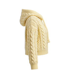 Pull à capuche en maille torsadée pour femme, motif tressé épais, manches longues, poignets et ourlet côtelés, tricot sur mesure, vente en gros - Product Image 3