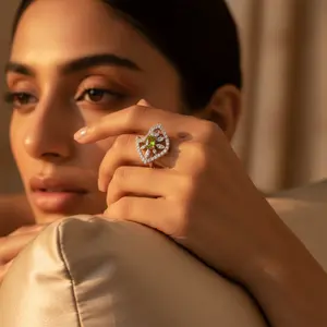 แหวนเงินแท้ 925 สไตล์โบฮีเมียนสำหรับผู้หญิง ประดับพลอยเพอริดอต ชุบทอง 14K และโรเดียม เหมาะสำหรับงานแต่งงาน - Product Image 3