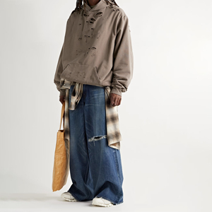 Sweat à capuche oversize tendance et usé pour hommes, imprimé vintage en pierre sur molleton, pull-over, sweat-shirts vierges en gros - Product Image 5