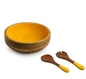 Cuenco de ensalada para servir con colmena de miel con servidores de ensalada Cuenco de servicio redondo de madera de mango para pasta Ensaladas de frutas o palomitas de maíz - Product Image 1