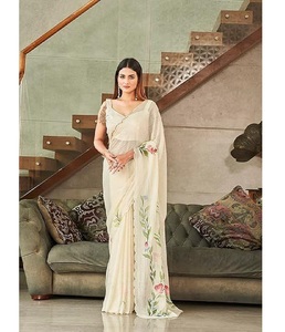 Elegante Impresión digital Sari pesado Chinon tela de seda para mujeres para ropa festiva apariencia de oficina y ropa cultural india tradicional - Product Image 1