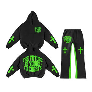 Conjunto de pantalones de chándal con capucha de talla grande personalizado OEM para otoño e invierno, respetuoso con el medio ambiente para estampado de farol, forro polar liso de gran tamaño apilado - Product Image 2