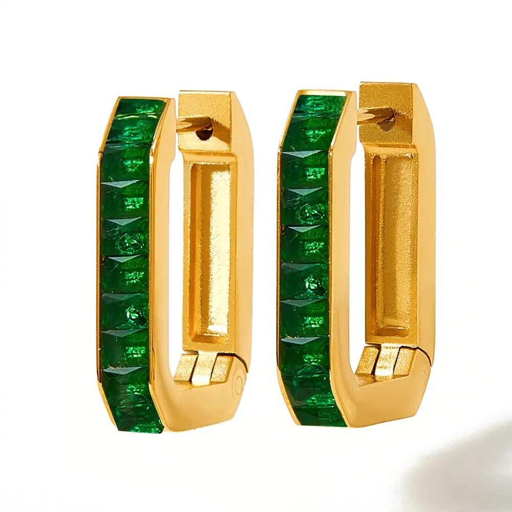 Fashion Jewelry Women's Stainless Steel Small Hoop Huggie Earrings With Emerald Cut Zircon In Channel Setting