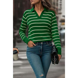 Blusa de punto a rayas con cuello en V y manga larga para mujer, 28577 - Product Image 3