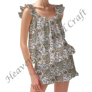 Conjunto de pijama corto con estampado de bloque de algodón 100% para mujer, conjunto de pijama de mangas ajustadas con volantes y tiras florales para Primavera/Verano - Product Image 4