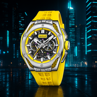Montre unisexe automatique mécanique BX3613 avec boîtier en acier inoxydable, bracelet FKM, cadran analogique jaune, style business de luxe, cristal