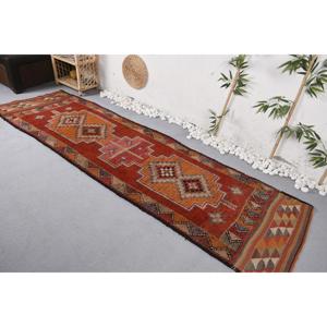 Herki Turkish Rug, 2.8x10 ft Vintage Rug, <b>Red</b> Striped <b>Wool</b> Rug - Product Image 4