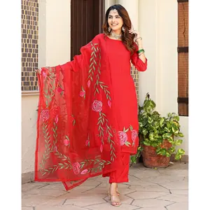 Bhumi Women'<b>s</b> Handpainted Organza <b>Suit</b> Set in Red Sizes XS-5XL Thread & Button - Product Image 6
