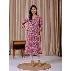 Kurti Rosa de Algodón con Estampado de Bloques, Corte Recto, para Uso Diario y Fiestas, Estilo Saree Indio, Ropa India Cosida al Estilo Pakistaní - Product Image 4
