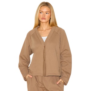 Ladies <b>Brown</b> Sweatshirt With Buttons Relaxed Fit V Neck Pullover OEM Factory Supply Custom Design Wholesale Clothing For Womens - Product Image 5