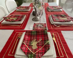 Christmas <strong>Tartan</strong> Plaid <strong>Napkins</strong> with Deer Happy New Year Tree Factory Custom Cotton Embroidered Red Placemats <strong>Napkins</strong> and Runner - Product Image 1