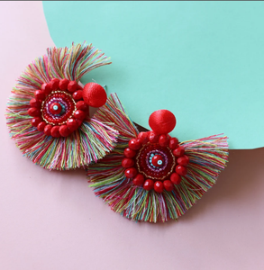 Boucles d'oreilles à franges en éventail multicolores, boucles d'oreilles en perles arc-en-ciel faites à la main-or-longues - Product Image 3