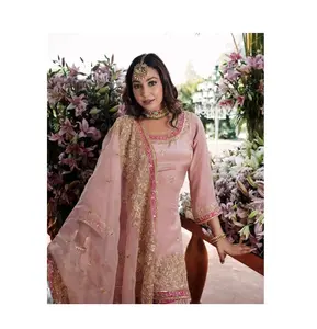 乔其纱迷人时尚设计师女性库尔塔沙拉拉与杜帕塔套装-婚礼派对服装服装批发苏拉特