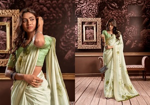 Rajpath Pure Hand loom Silk avec une incroyable bordure à rayures numériques florales et saris - Product Image 2