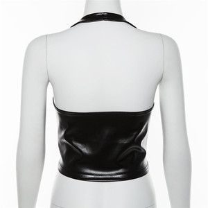 Women Black PU Leather Corset Top With Front <b>Lace</b>-Up Closure And Halter Neck Design - Product Image 6