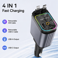 Chargeur de voiture rétractable et pliable 120W 4-en-1 avec charge rapide PD, câble de 80 cm, lumière RGB, USB C pour Android