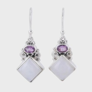Boucles d'oreilles en améthyste et pierre de lune faites à la main, en argent sterling 925, bijoux à pendentif, cadeau élégant pour femmes, style bohème - Product Image 1