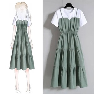 Fashionable Women's Clothing Slimming Long Dress Two-piece Illusion Waist-fitted Short Sleeve Dress - Product Image 2