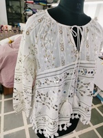 Exotic blus wanita motif Nomad cermin bordir Indian Art balon Lengan Atasan wanita pilihan terbanyak blus Hem rumbai