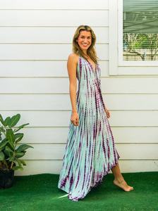 Elegante vestido Maxi sin espalda con cuello en V de longitud completa para mujer 100% rayón Floral Tie Dye cintura natural tela tejida - Product Image 2